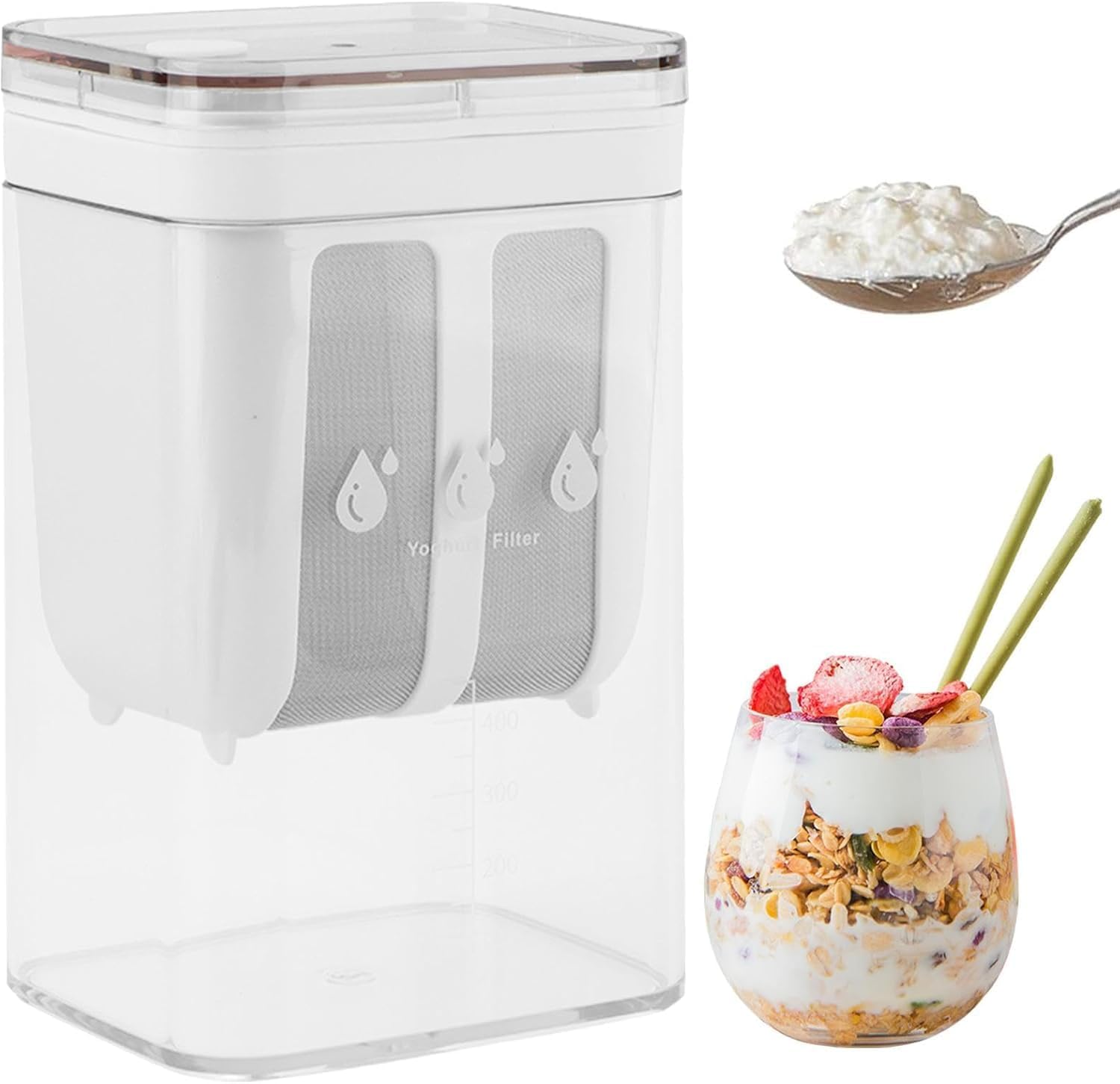 Multifunctional Greek Yogurt & Hung Curd Strainer with Fine Mesh Lid – Transparent Whey Separator & Milk Filter for Cheese, Kefir & Juice