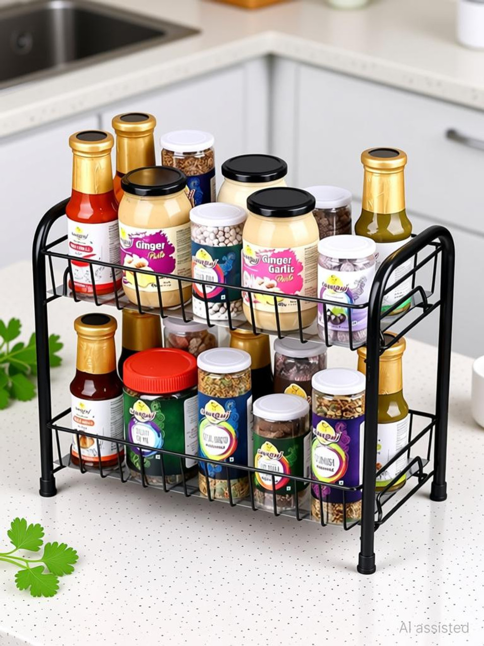 2-Tier Mild Steel Kitchen Organizer Rack | Multipurpose Spice Shelf and Pantry Storage Holder