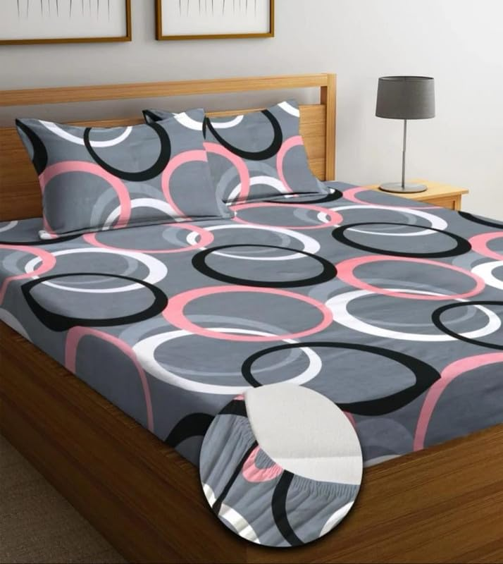 Super Soft Glace Cotton Double Bed Fitted Bedsheet with Pillow Covers - 72x78x8 Inch Elastic Bed Sheet