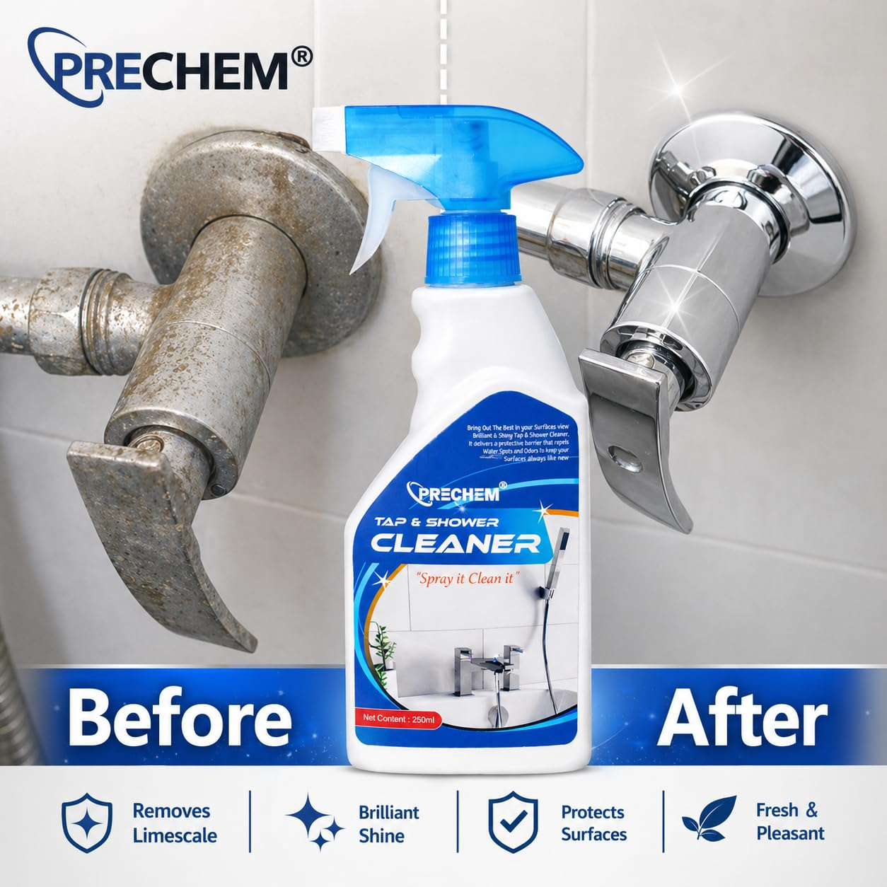 Tap and Shower Cleaner Spray (250ml) - Hard Water Stain & Limescale Remover for Bathroom Faucets, Tiles & Glass | Eco-Friendly Rust Descaler