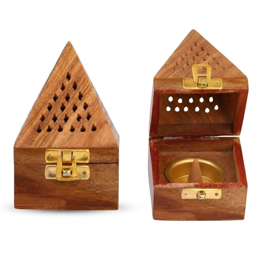 3-Inch Wooden Pyramid Dhoop Holder | Modern Dhunachi Incense Stand with Cover