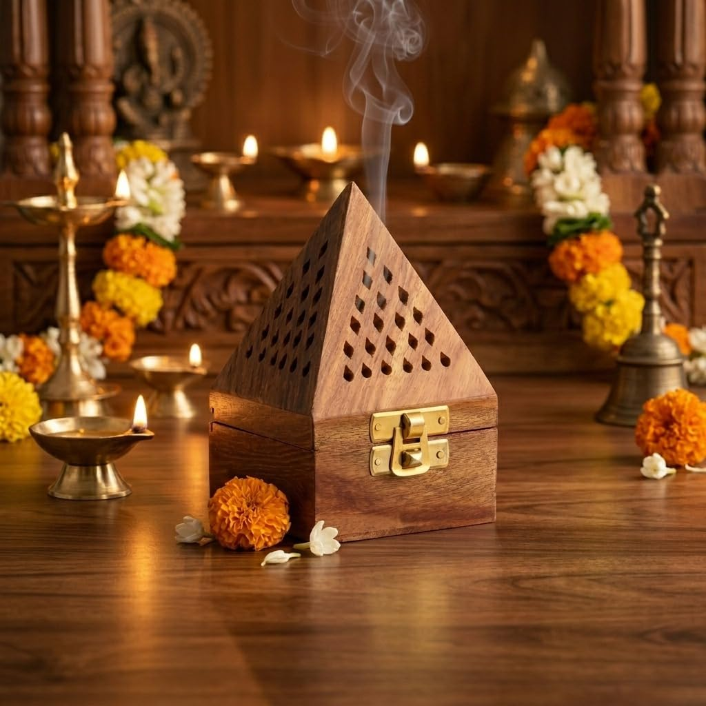 3-Inch Wooden Pyramid Dhoop Holder | Modern Dhunachi Incense Stand with Cover