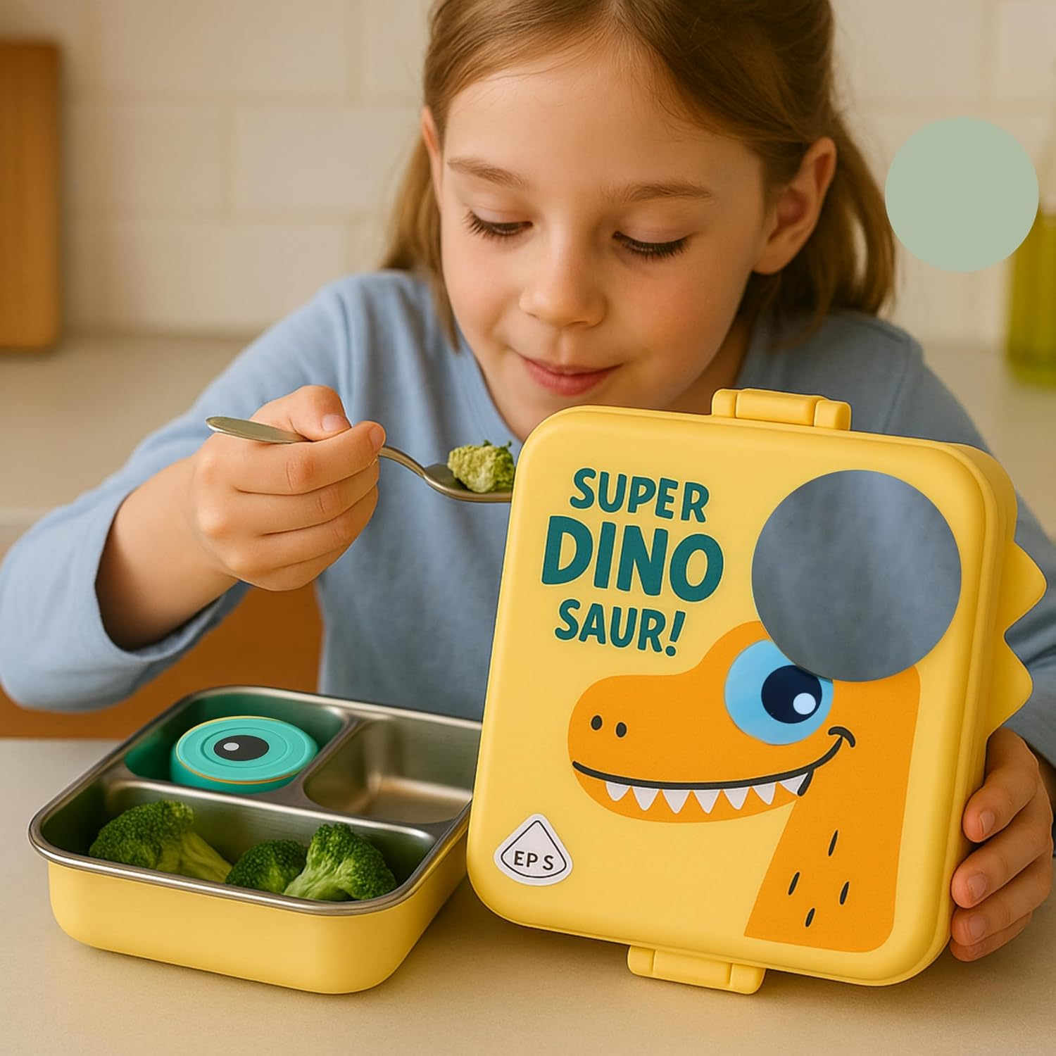 3-Compartment Leakproof Lunch Box for Kids | Cute Dinosaur Cartoon School Tiffin Box with Spoon | BPA-Free Food Container for Boys & Girls