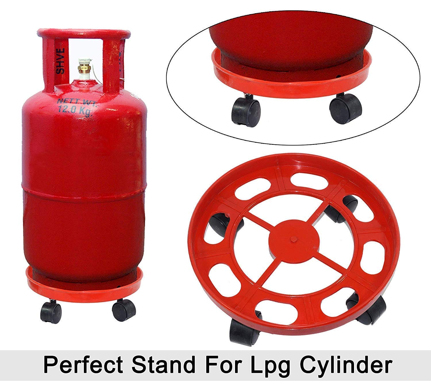 Movable LPG Gas Cylinder Trolley with Wheels – Heavy Duty Red Cylinder Stand for Home & Kitchen