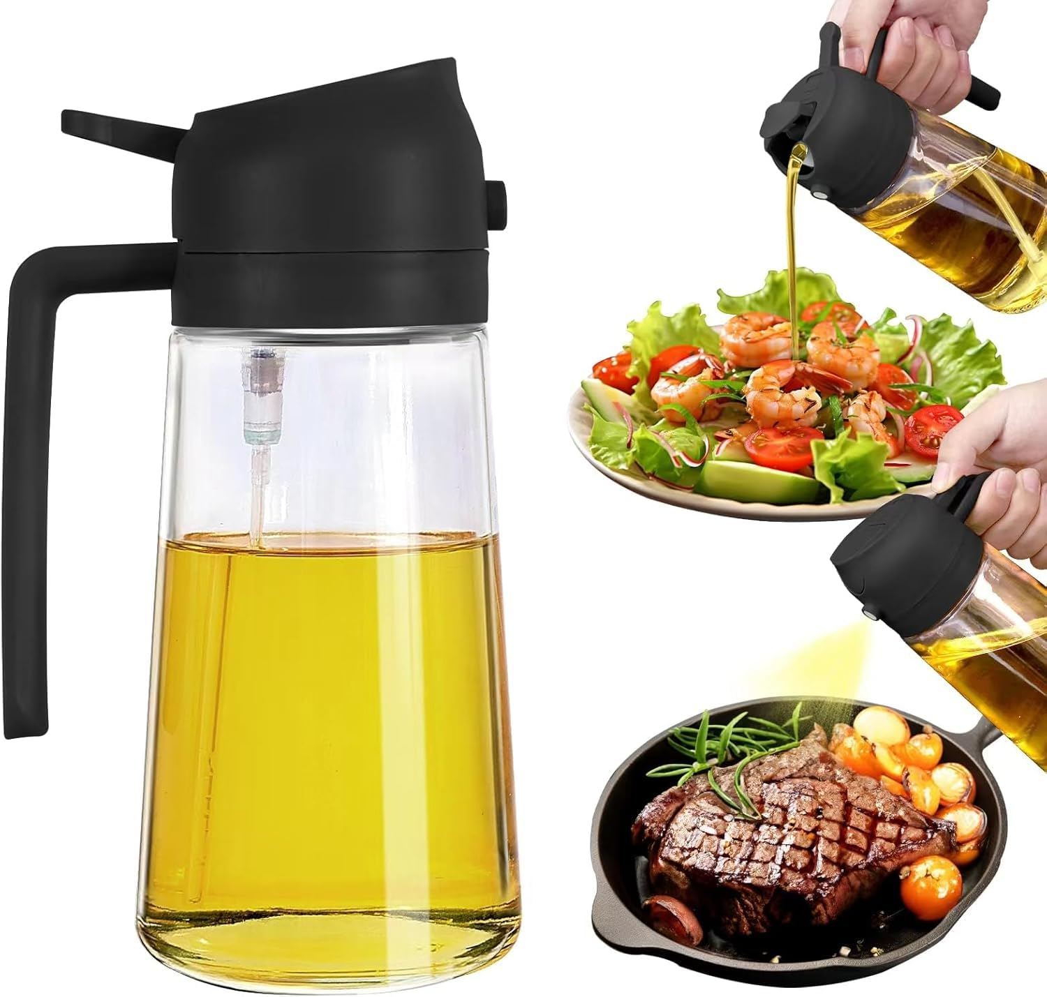 2-in-1 Glass Oil Sprayer & Dispenser Bottle with Free Steel Straw | Leakproof Cooking Oil Pourer for Air Fryer, Salad & Baking