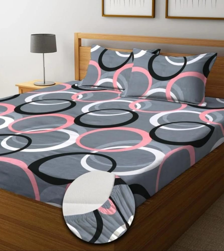 Super Soft Glace Cotton Double Bed Fitted Bedsheet with Pillow Covers - 72x78x8 Inch Elastic Bed Sheet