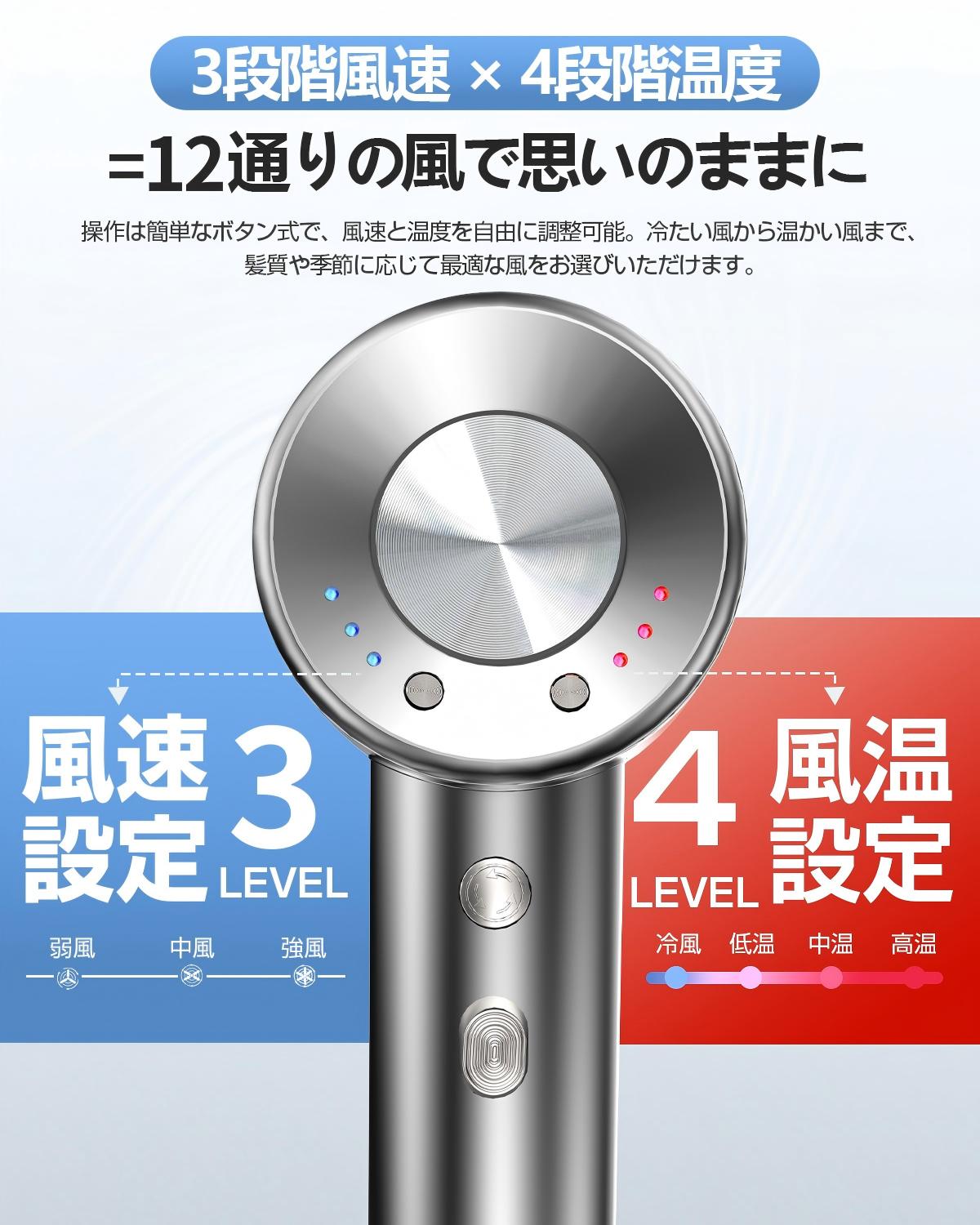 ドライヤー 【大風量＆速乾モデル】 ヘアドライヤー 最大風速50m/s 速乾 軽量450g マイナスイオン 静電気抑制 3段階風量×4段階温度 マイナスイオン 低騒音 NTC温度制御 過熱防止 美髪ケア PSE認証済み マグネットノズル付き 家庭用/旅行用（グレー）