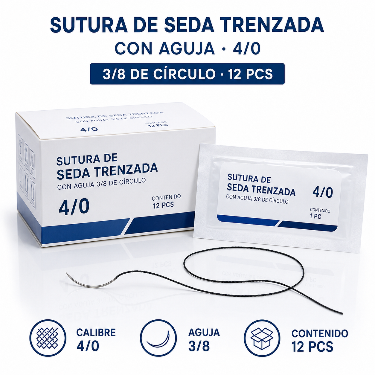 SUTURA SEDA (TRENZADA) CON AGUJA 4/0, 3/8 X 12 PCS