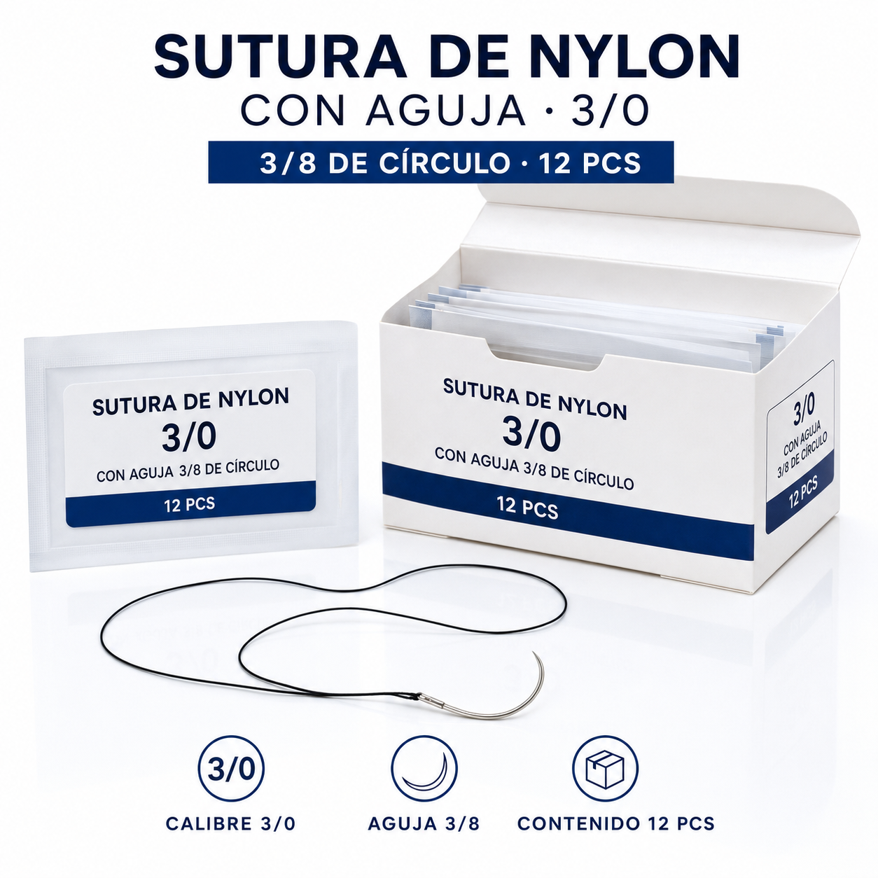 SUTURA NYLON CON AGUJA 3/0, CIRCULO 3/8 X 12PCS