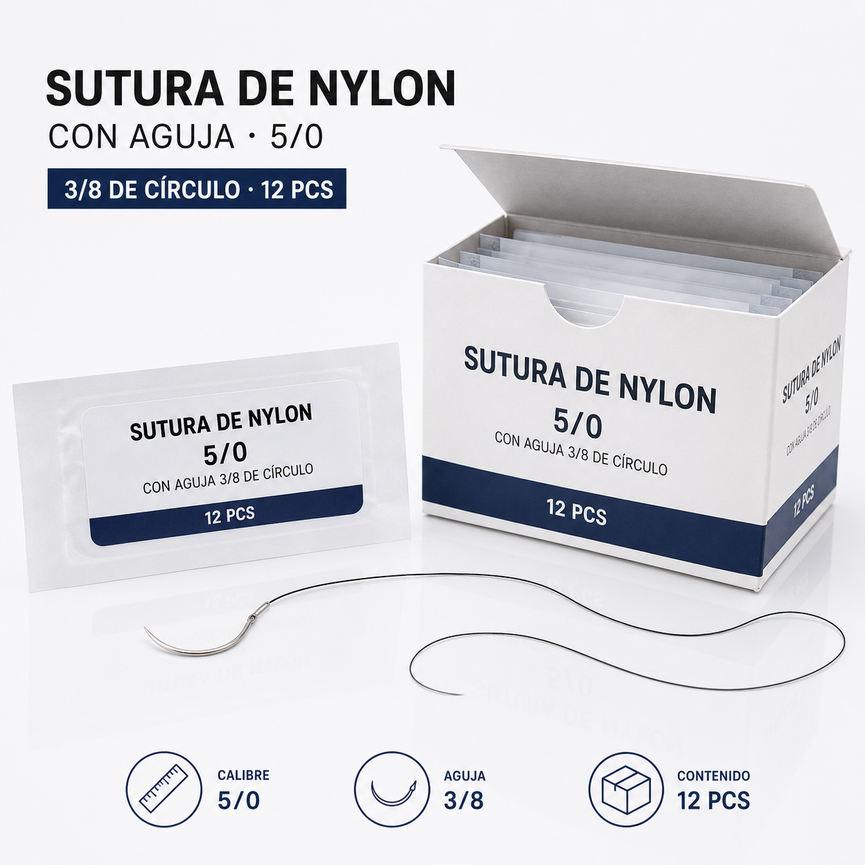 SUTURA NYLON CON AGUJA 5/0, CIRCULO 3/8 X 12PCS