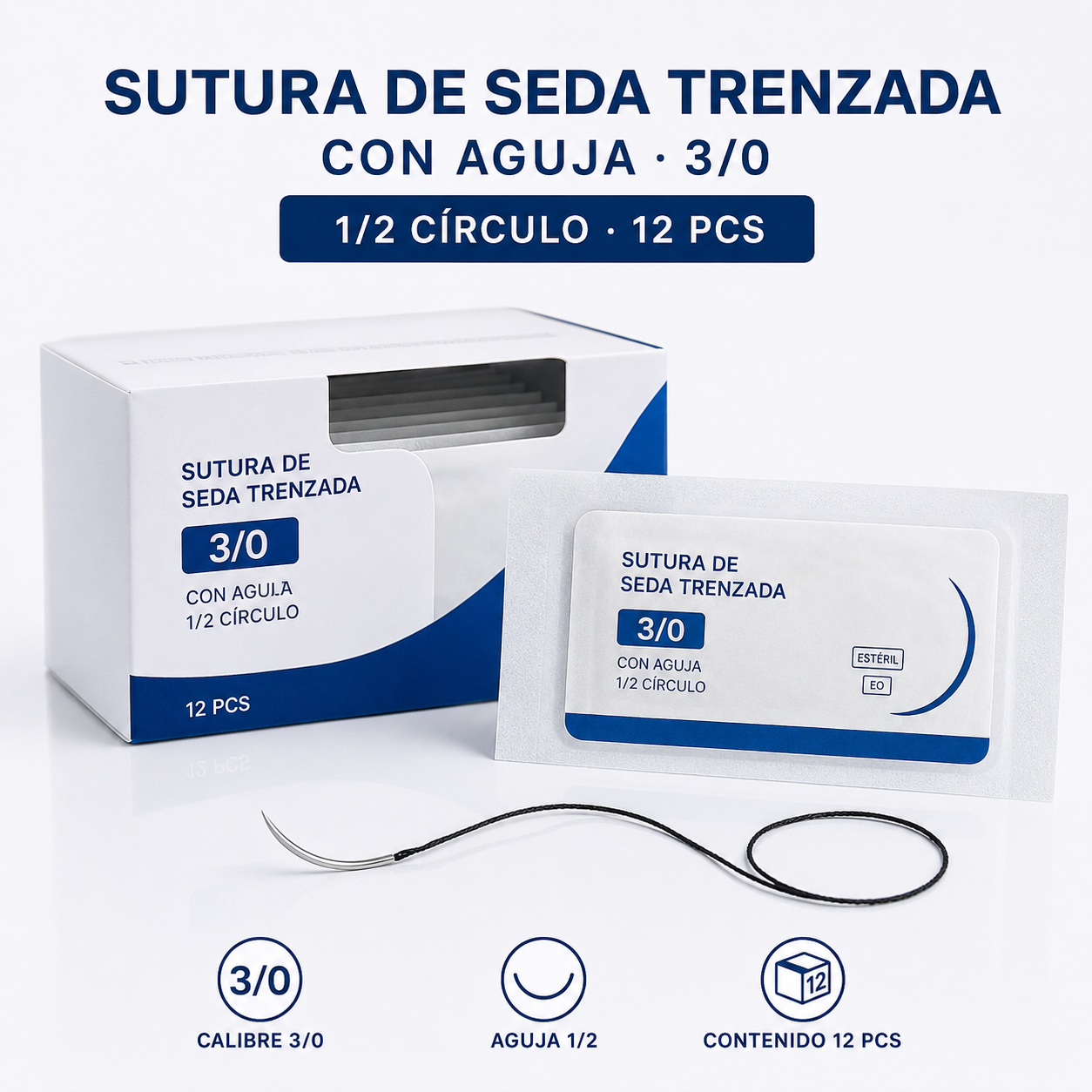 SUTURA SEDA (TRENZADA) CON AGUJA 3/0, 1/2 X 12PCS