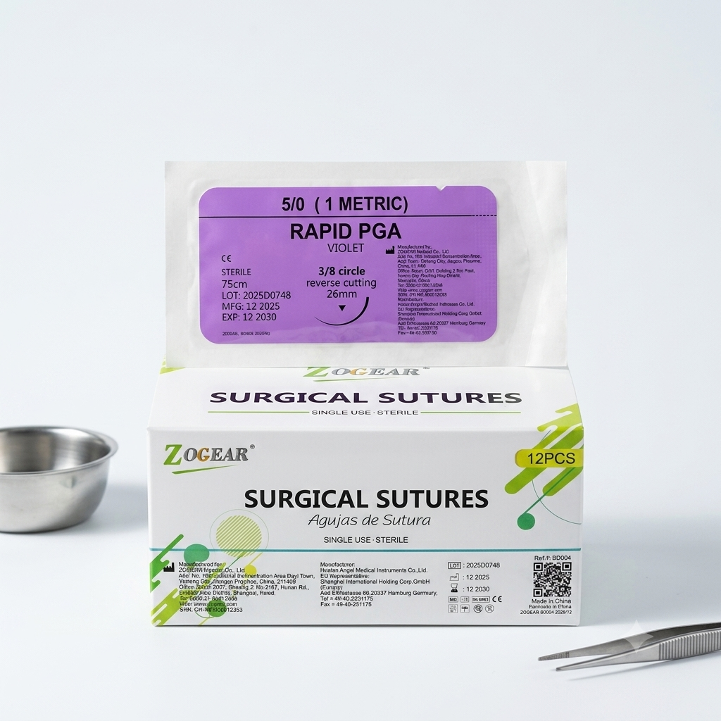 SUTURA RAPID PGA, calibre 5/0, aguja 3/8 de círculo reverso cortante de 26 mm, X 12 PCS