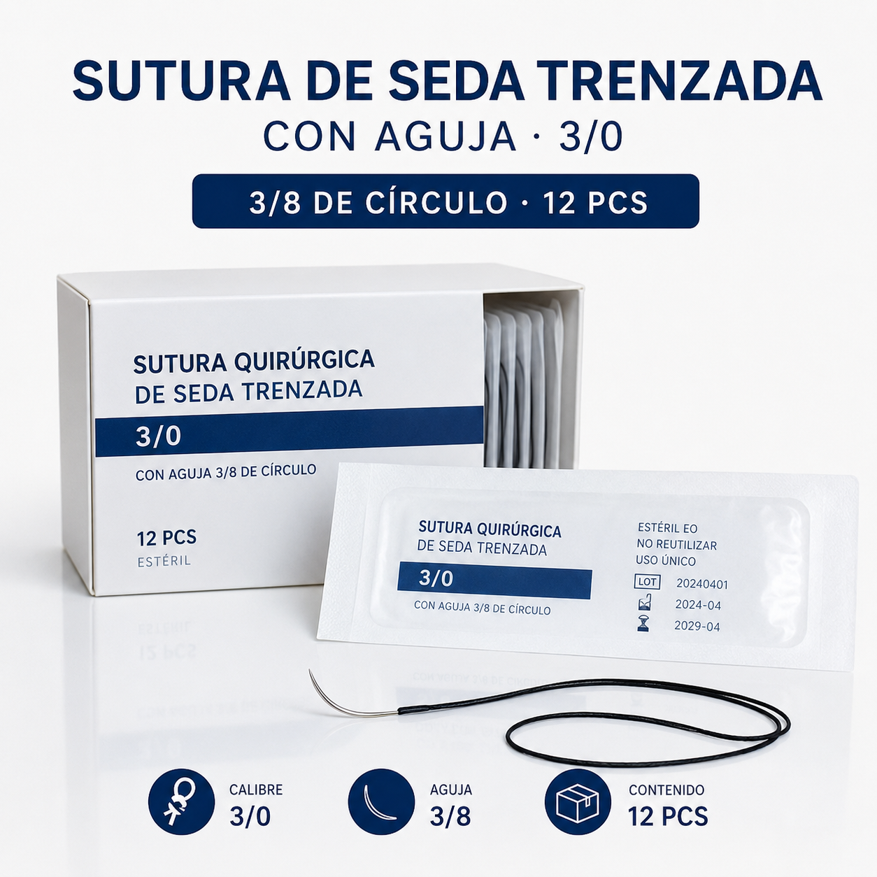 SUTURA SEDA (TRENZADA) CON AGUJA 3/0, 3/8 X 12PCS