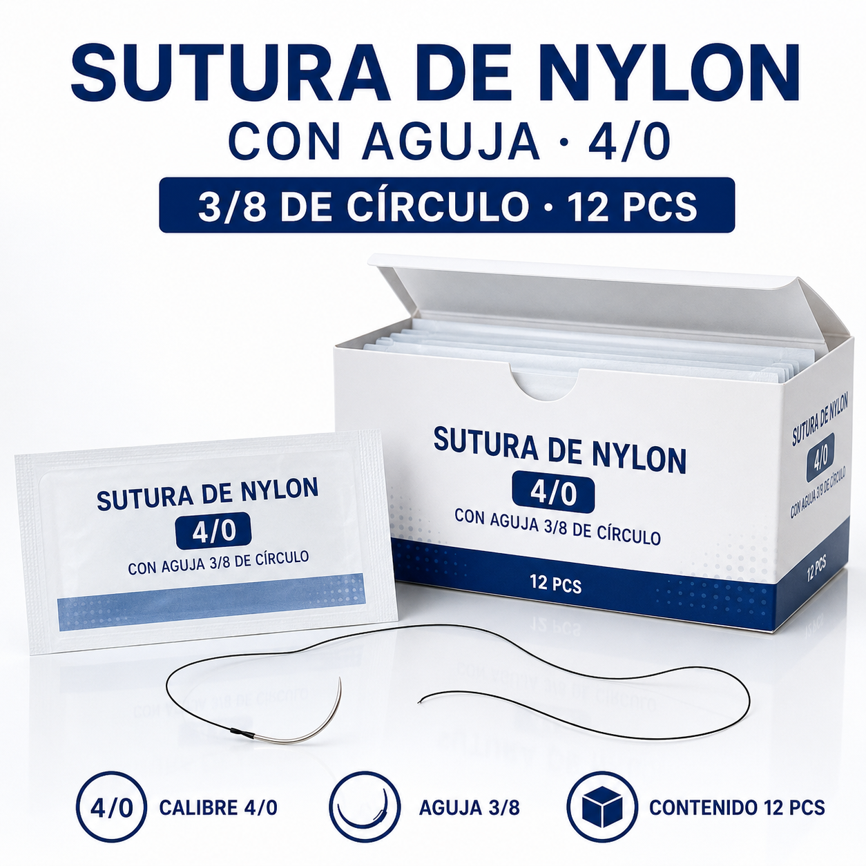 SUTURA NYLON CON AGUJA 4/0, CIRCULO 3/8 X 12 PCS