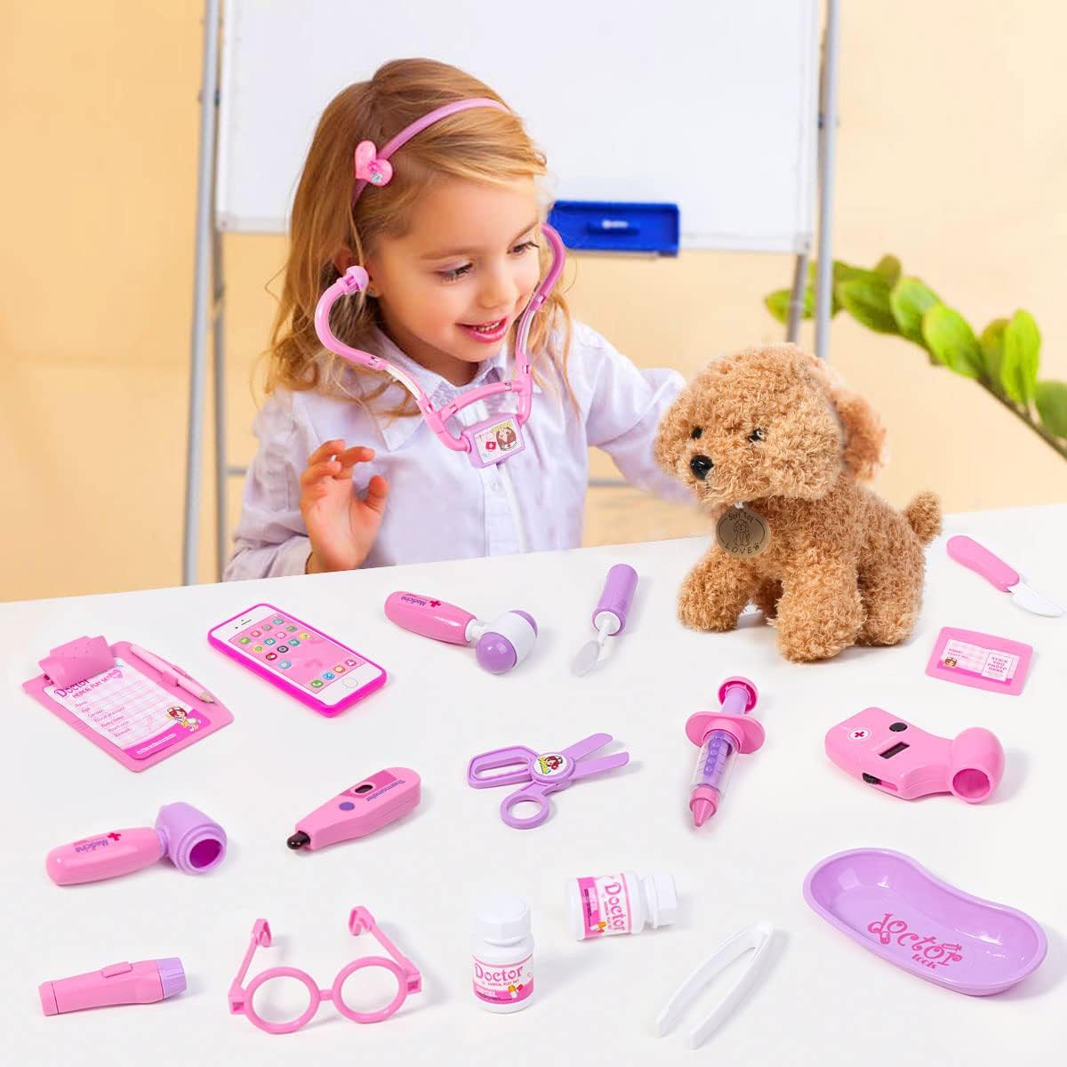 MELAND Doctors Set for Kids, Toddler Pet Vet Set with Doctor Costume, Dog Doll, Doctor Pretend Role Play Toys for 3 4 5 6 Year Old Girls Boys Birthday Gifts