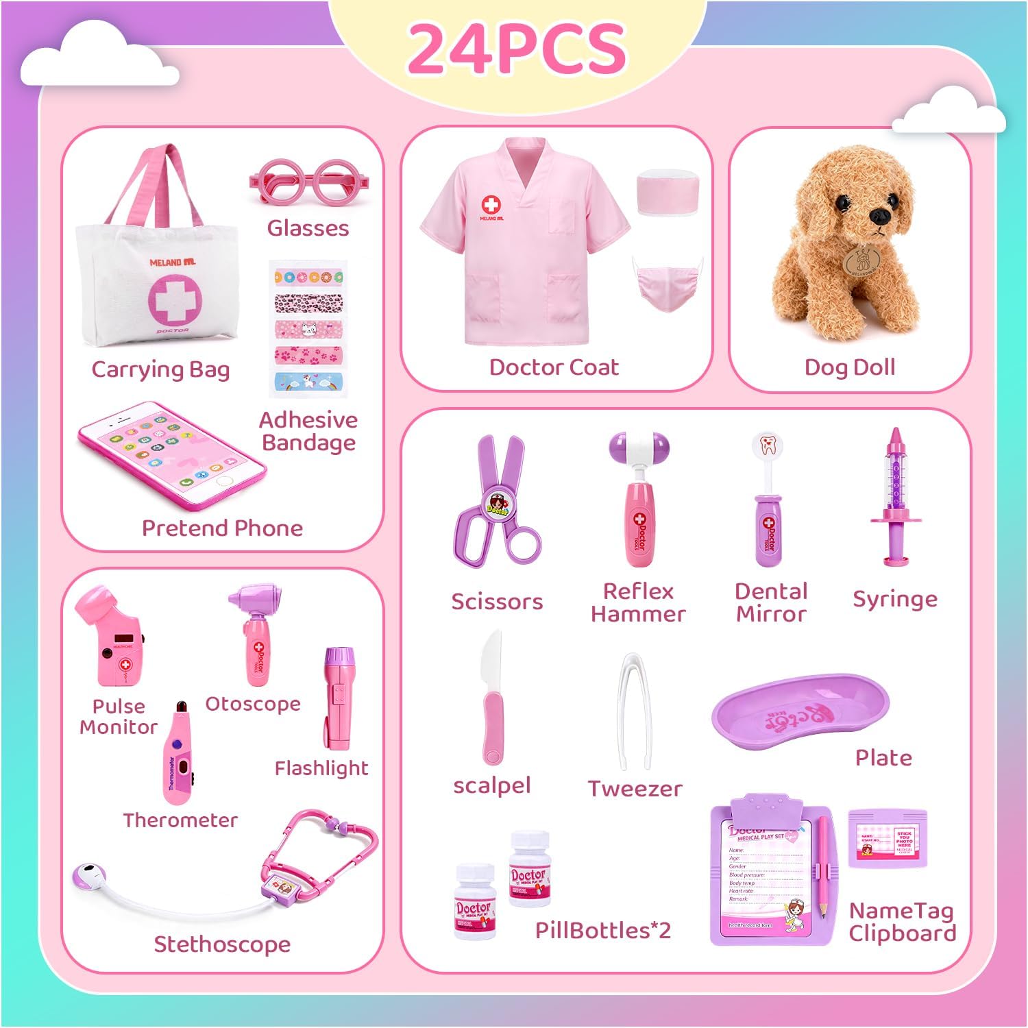 MELAND Doctors Set for Kids, Toddler Pet Vet Set with Doctor Costume, Dog Doll, Doctor Pretend Role Play Toys for 3 4 5 6 Year Old Girls Boys Birthday Gifts