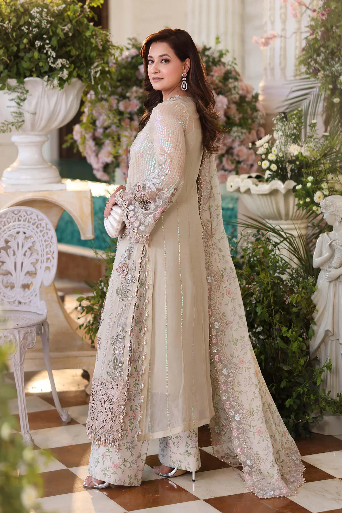Maria B Ivory Beige MPC-26-107 Embroidered Chiffon 3 Piece Suit