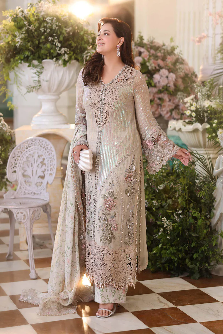 Maria B Ivory Beige MPC-26-107 Embroidered Chiffon 3 Piece Suit