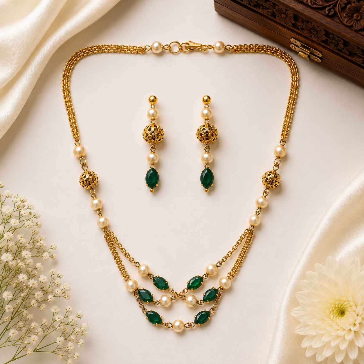 Emerald Pearl Layered Necklace Set