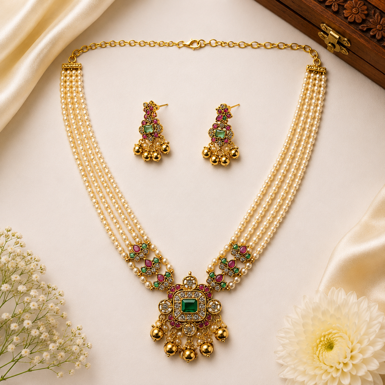 Royal Pearl Emerald Pendant Necklace Set
