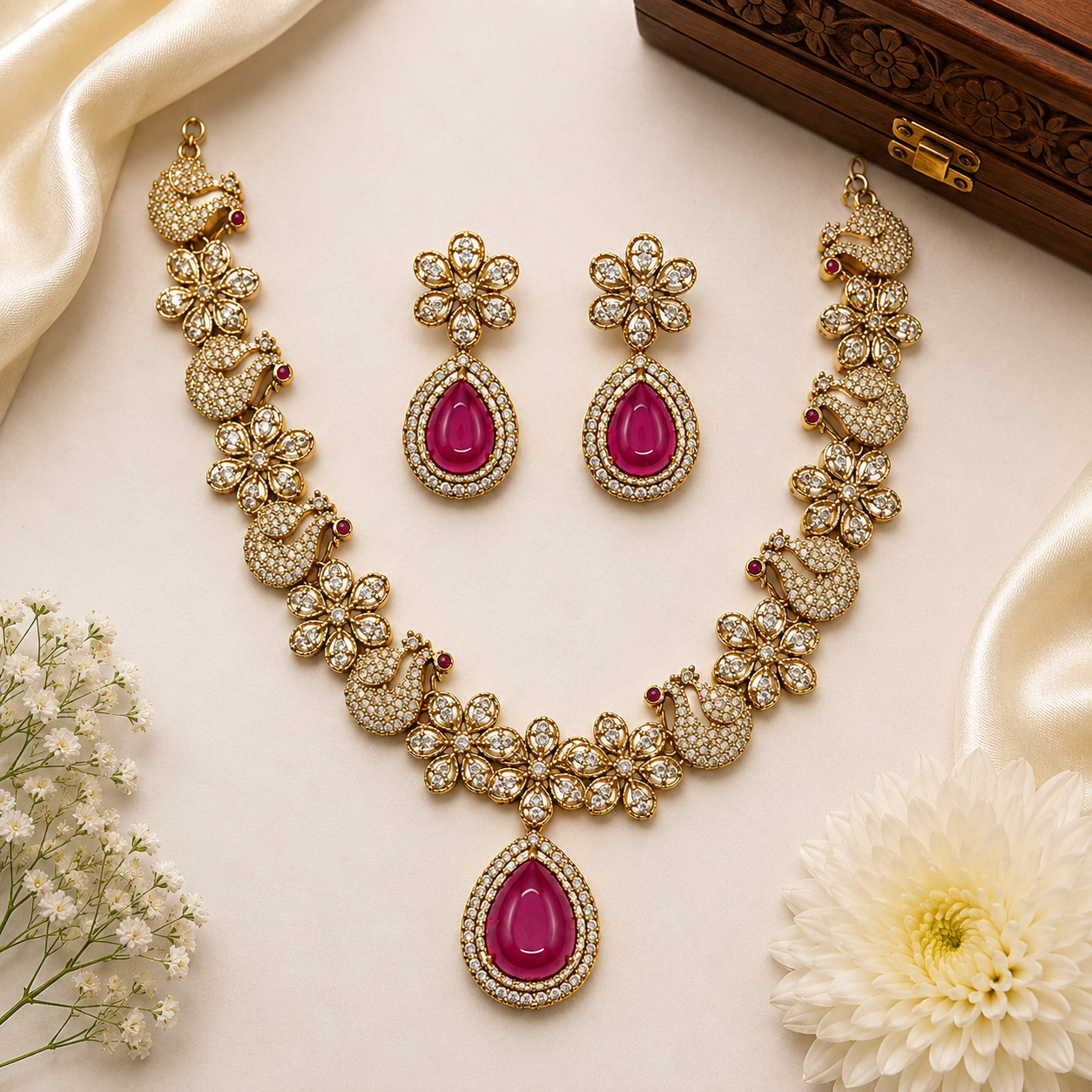 Royal Swan Pink Kundan Necklace Set