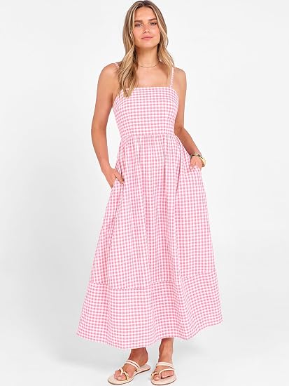Caracilia Womens Maxi Dresses Gingham Spaghetti Strap Back Smocked Flowy Long Sundress Summer Beach Vacation Clothes 2026 