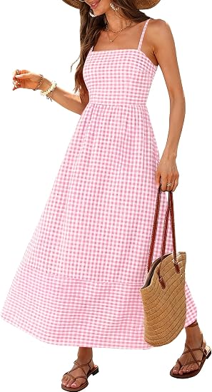 Caracilia Womens Maxi Dresses Gingham Spaghetti Strap Back Smocked Flowy Long Sundress Summer Beach Vacation Clothes 2026 
