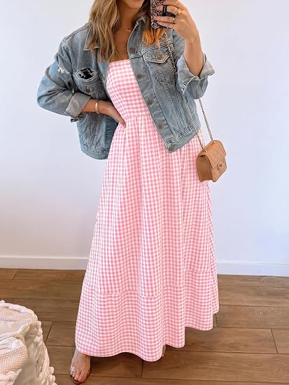 Caracilia Womens Maxi Dresses Gingham Spaghetti Strap Back Smocked Flowy Long Sundress Summer Beach Vacation Clothes 2026 