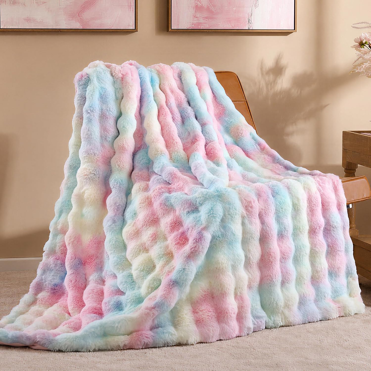 Smoofy Faux Fur Throw Blanket for Couch - Rainbow Super Soft Cozy Bubble Blanket, Fluffy Plush Fuzzy Throw for Sofa & Bed, Thick Lightweight Warm Blanket, Luxury Aesthetic Gift for Women 50"x60" 