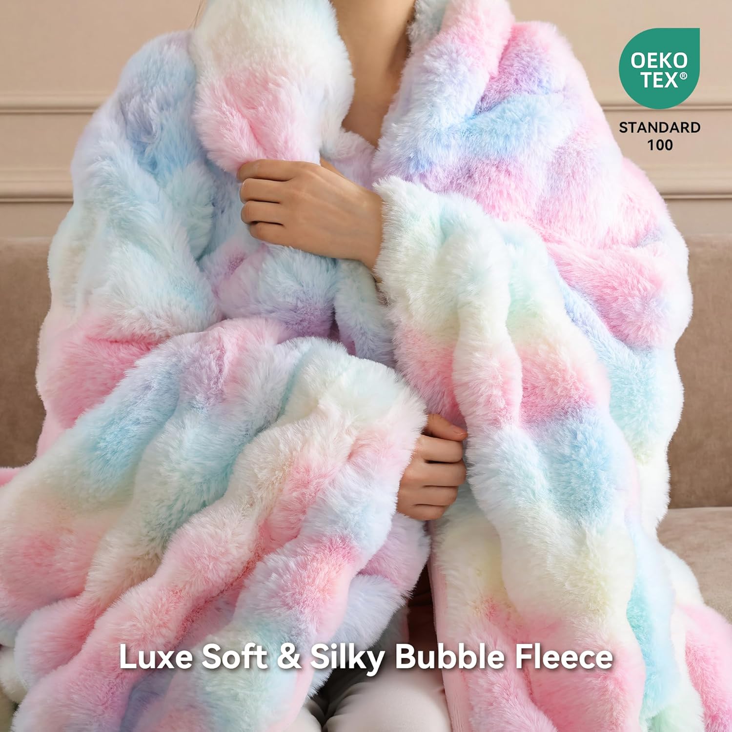 Smoofy Faux Fur Throw Blanket for Couch - Rainbow Super Soft Cozy Bubble Blanket, Fluffy Plush Fuzzy Throw for Sofa & Bed, Thick Lightweight Warm Blanket, Luxury Aesthetic Gift for Women 50"x60" 