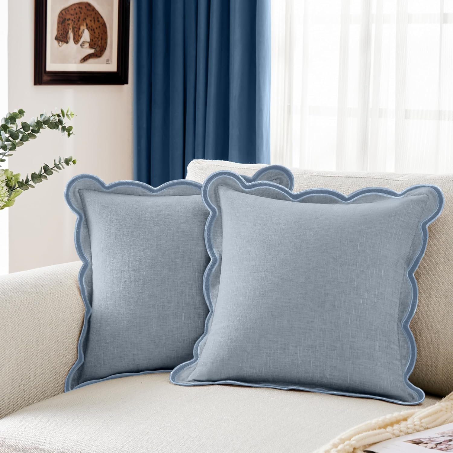 Ohocut Scalloped Pillow Cover Pack of 2 Spring Chenille Decorative Throw Pillow Covers Cute Boho Couch Pillow Covers Aesthetic Funky Preppy Pillow Cases for Sofa Living Room (Misty Blue, 18x18 Inch) 