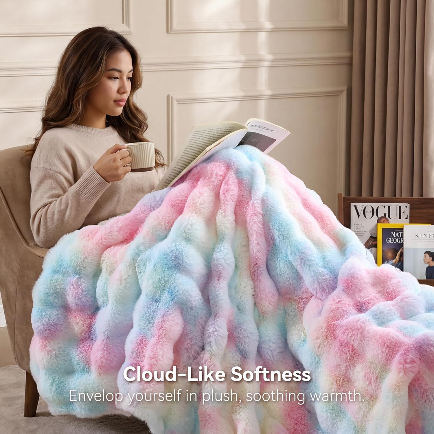 Smoofy Faux Fur Throw Blanket for Couch - Rainbow Super Soft Cozy Bubble Blanket, Fluffy Plush Fuzzy Throw for Sofa & Bed, Thick Lightweight Warm Blanket, Luxury Aesthetic Gift for Women 50"x60" 
