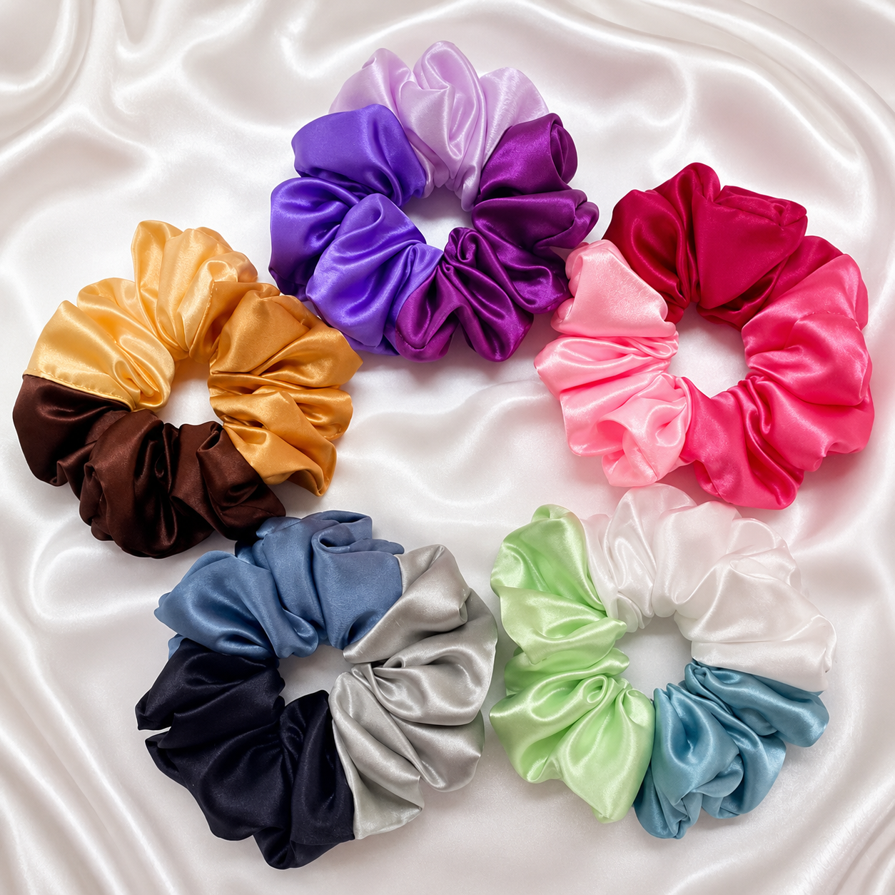 Triple Tone Silk Satin Scrunchies Set Of 5