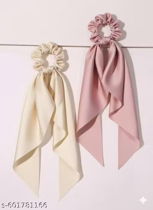 Elegant Satin Scrunchie with Long Ribbon Bow Set of 2