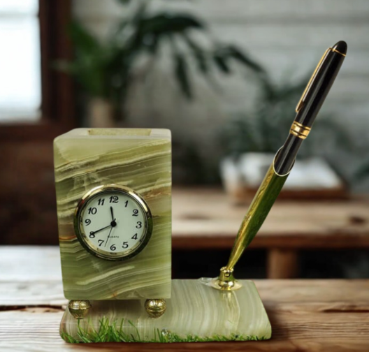 Marble Desk Clock with Pen Holder