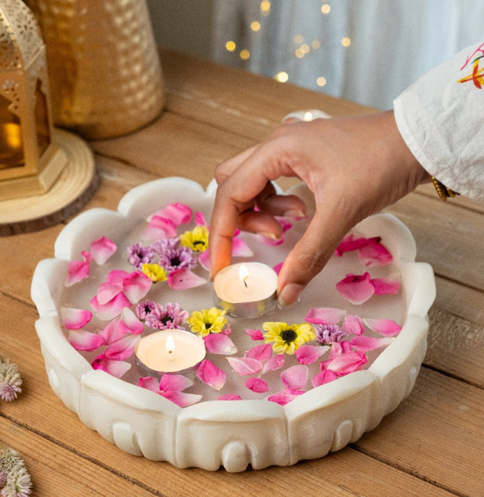 Hand-Carved Marble Lotus Urli