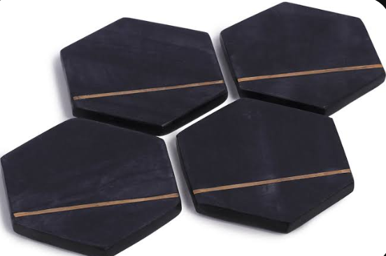Modern Hexagonal Black Marble Coaster Set (Set of 4)