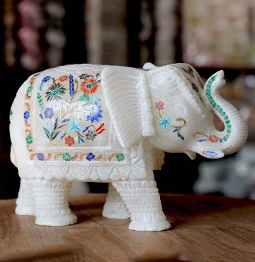 Inlay Work Ornate Marble Elephant Figurine