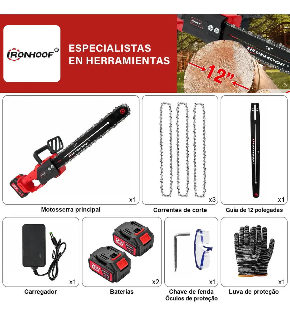 Motosserra Elétrica Brushless 16 Polegadas 2 Bateria 1600w