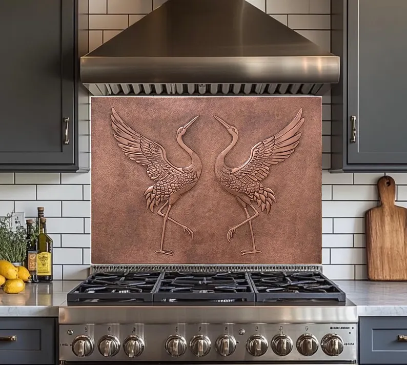 custom made Copper Crane Kitchen Backsplash