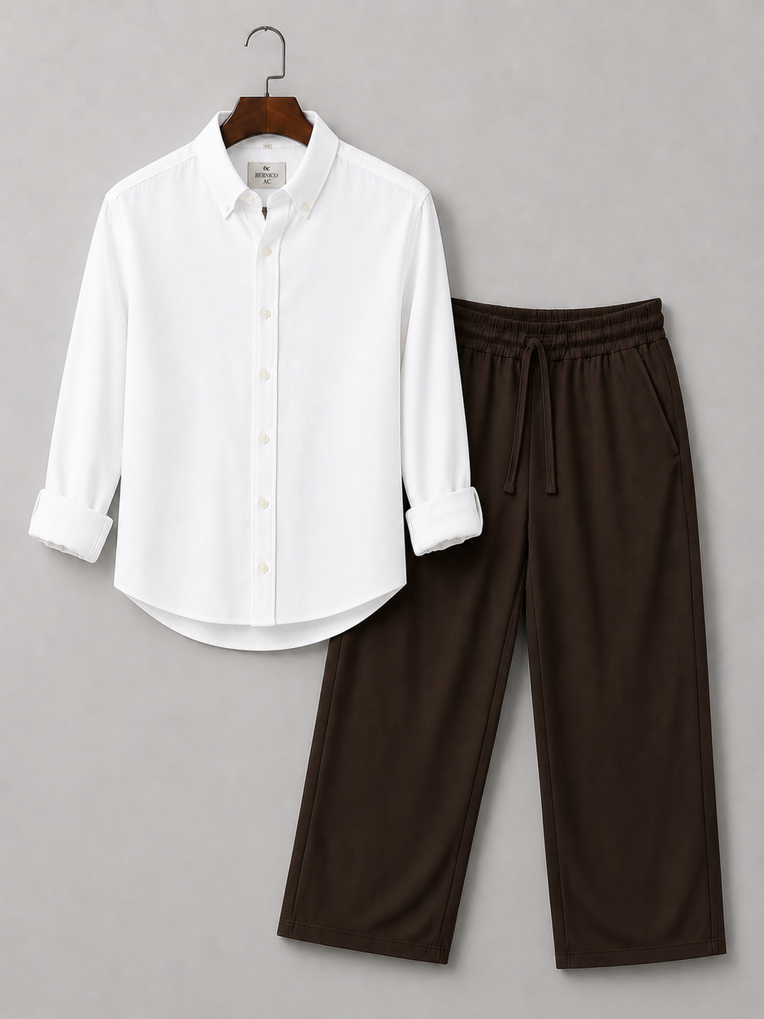 White Linen Shirt & Brown Pants Set