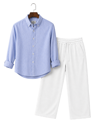 Linen Casual Blue Shirt & White Pant Set