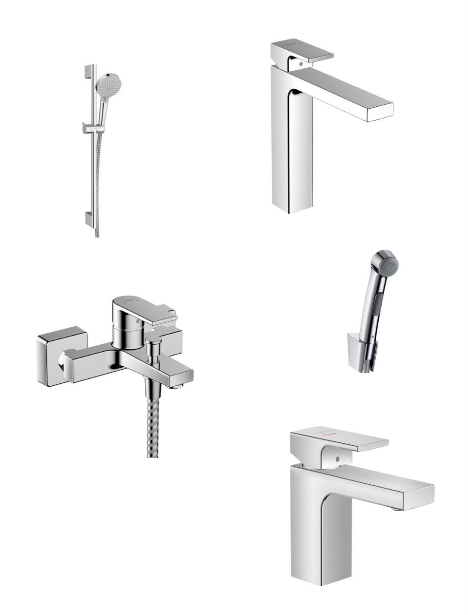 Hansgrohe Premium 5-in-1 Complete Bathroom Mixer Set - Modern Square Design (Solid Brass, Chrome)