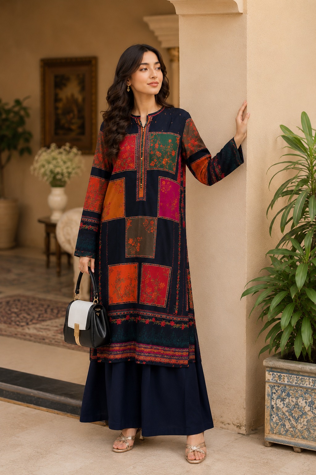 Printed Patchwork Kurta Set Stitched 3pc 