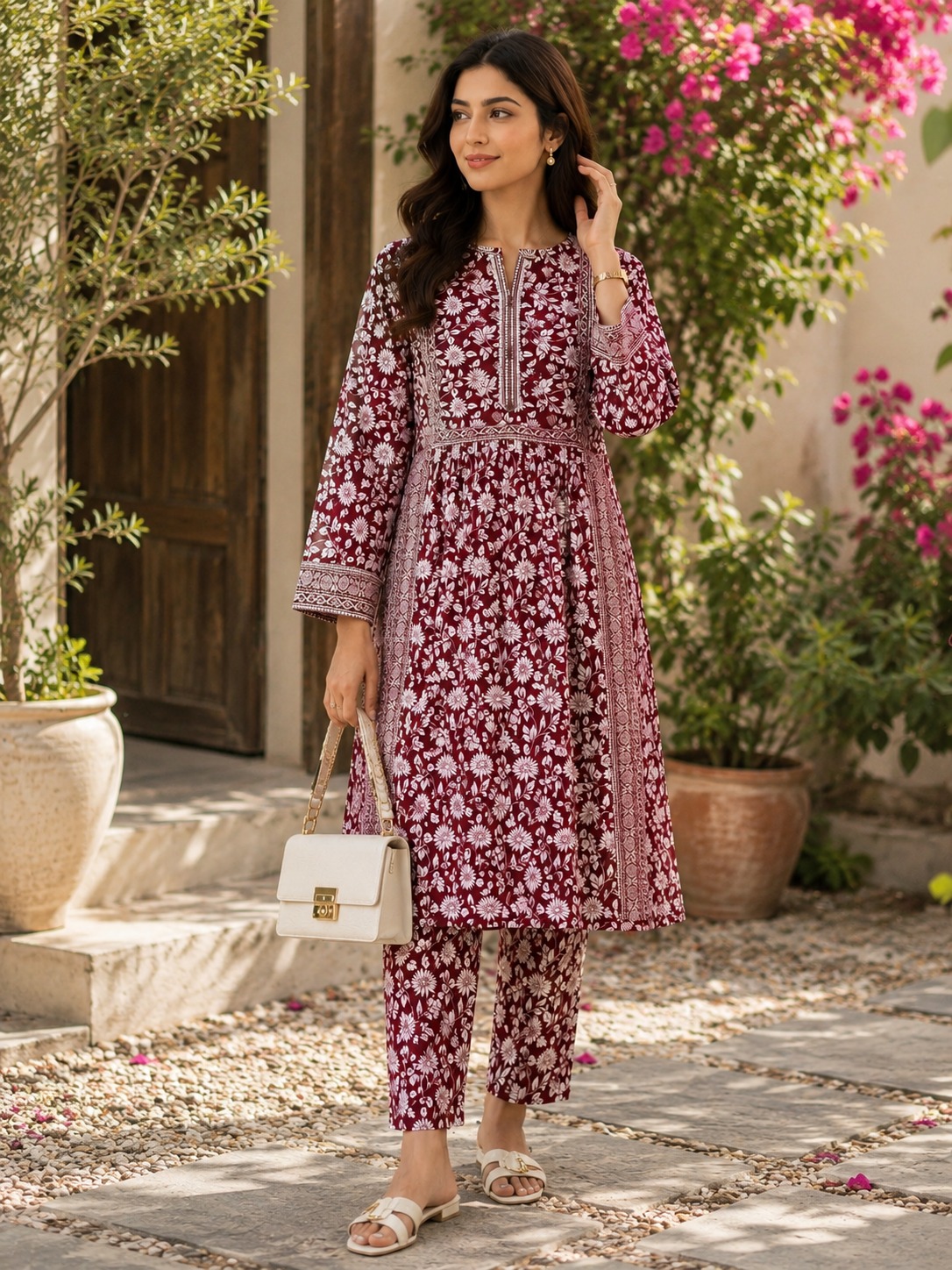 Maroon Floral Printed Lawn frock style Stitched 3pc
