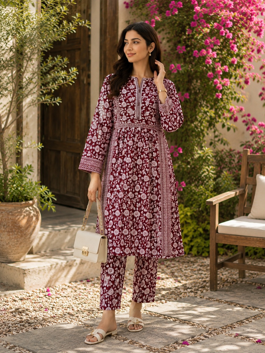 Maroon Floral Printed Lawn frock style Stitched 3pc 