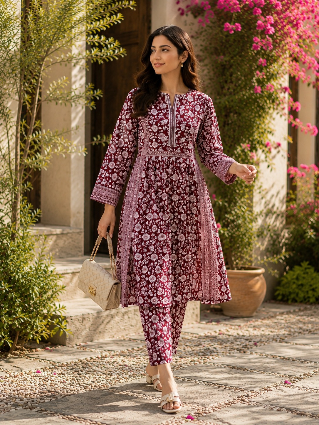 Maroon Floral Printed Lawn frock style Stitched 3pc 