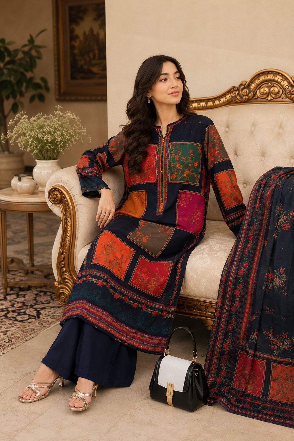 Printed Patchwork Kurta Set Stitched 3pc 