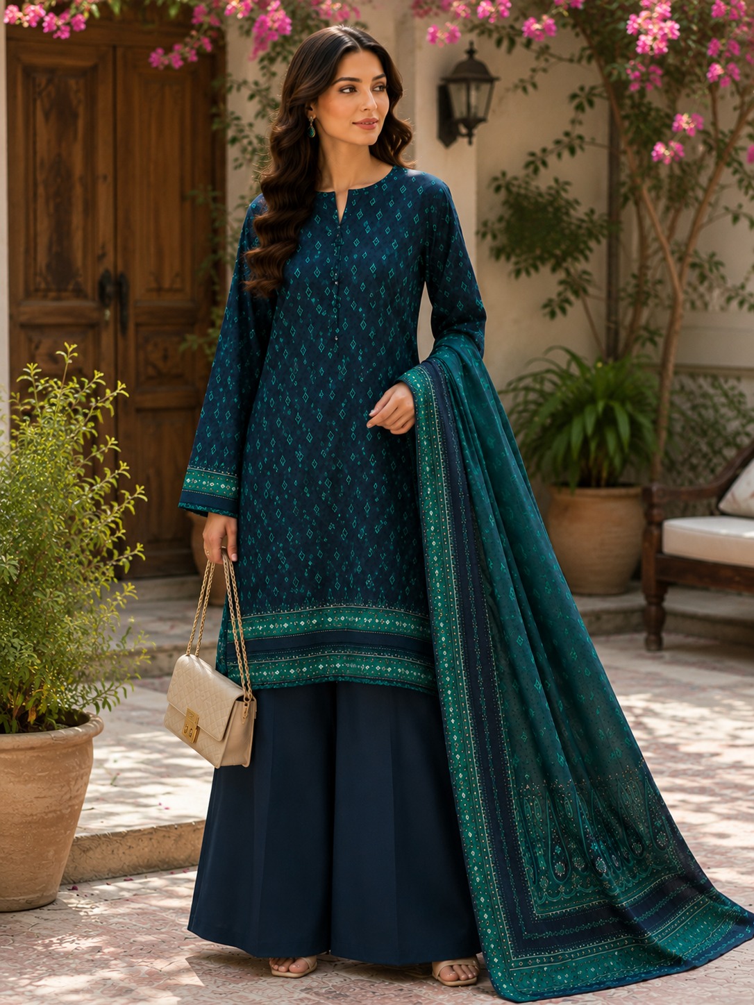 Teal Blue Printed Lawn Suit 3pc