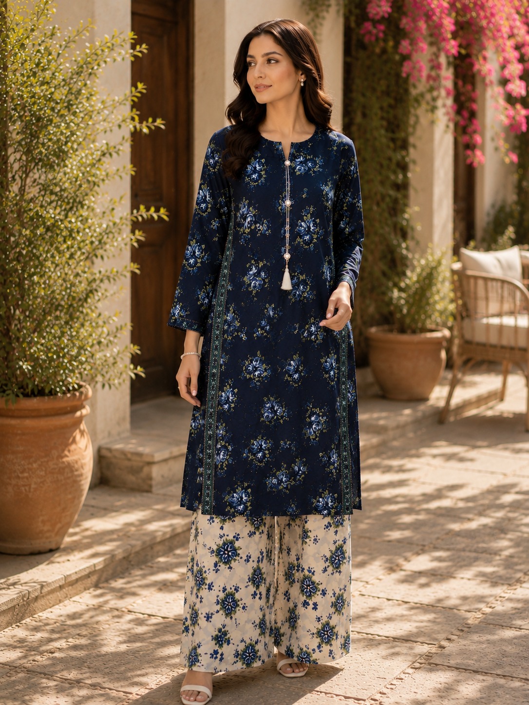 Navy Blue Floral Printed Suit Stitched 2pc 